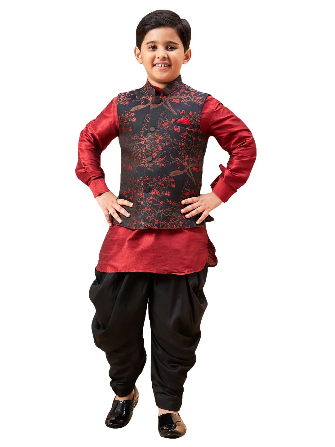 Boys' Maroon Jacket, Kurta and Dhoti Set