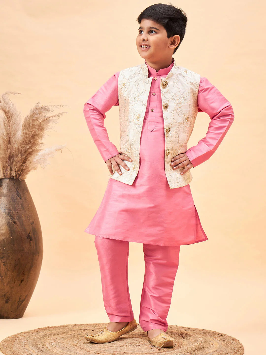 Boys' Beige And Pink Jacket, Kurta and Pyjama Set