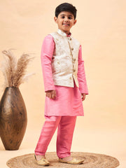 Boys' Beige And Pink Jacket, Kurta and Pyjama Set