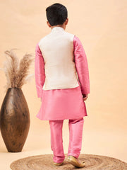 Boys' Beige And Pink Jacket, Kurta and Pyjama Set