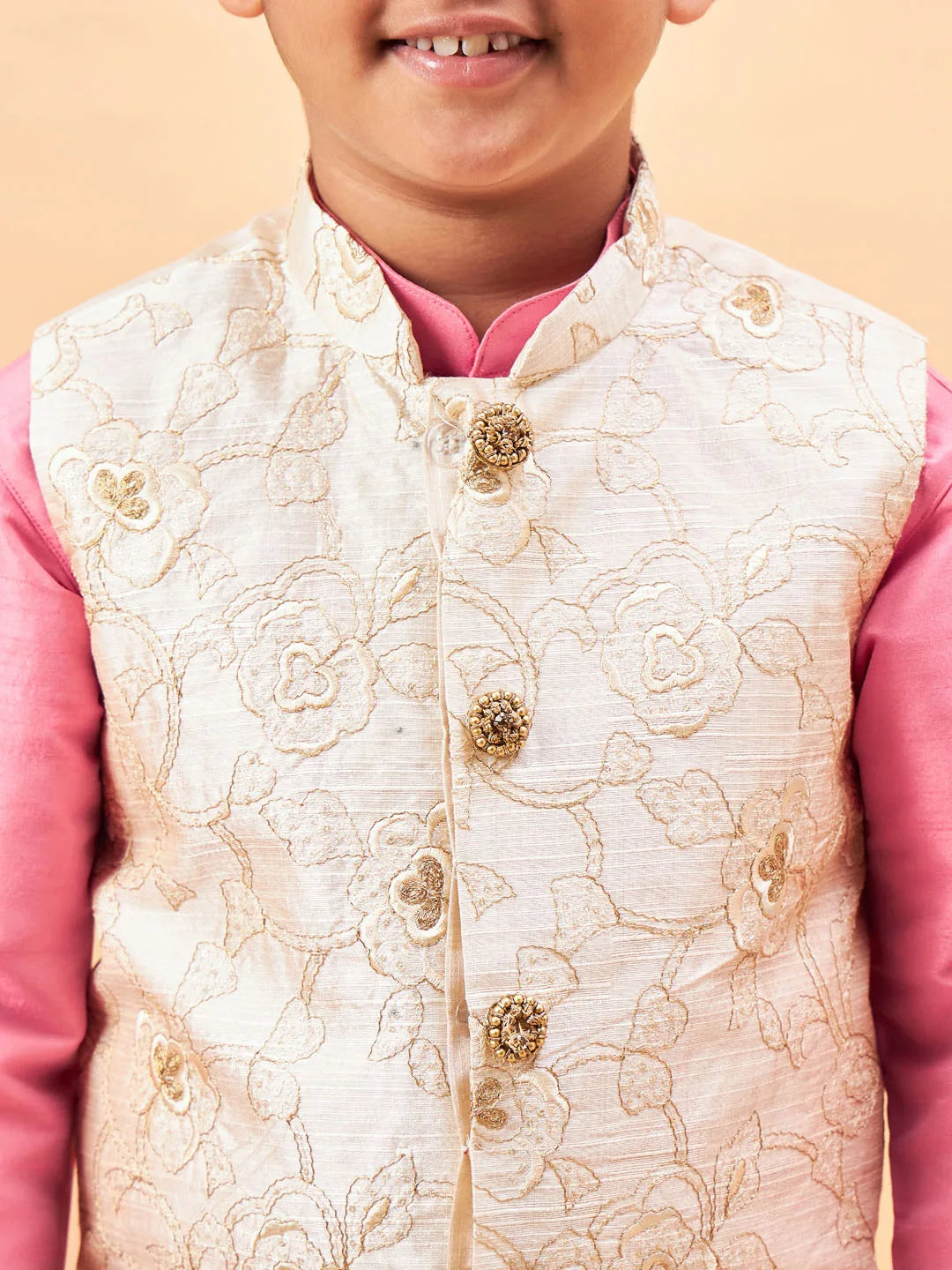 Boys' Beige And Pink Jacket, Kurta and Pyjama Set