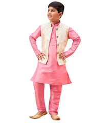 Boys' Beige And Pink Jacket, Kurta and Pyjama Set