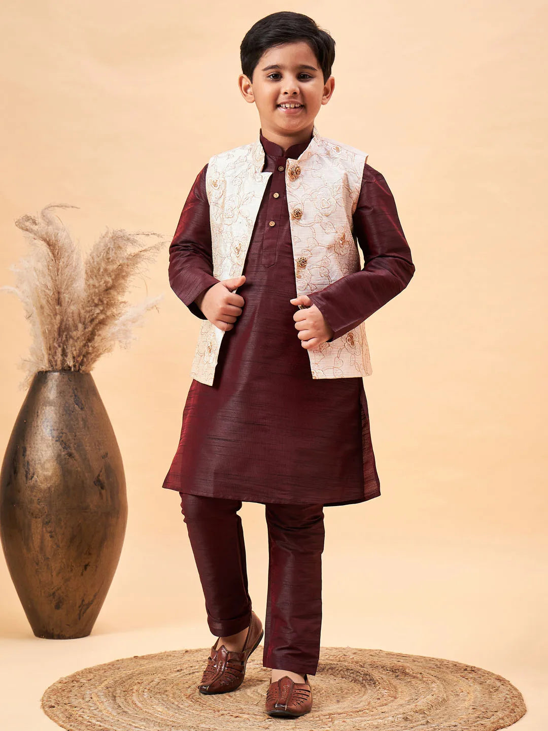 Vastramay - Boys' Beige And Wine Jacket, Kurta and Pyjama Set