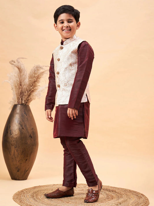 Boys' Beige And Wine Jacket, Kurta and Pyjama Set