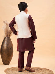 Vastramay - Boys' Beige And Wine Jacket, Kurta and Pyjama Set