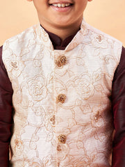 Vastramay - Boys' Beige And Wine Jacket, Kurta and Pyjama Set