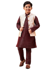 Vastramay - Boys' Beige And Wine Jacket, Kurta and Pyjama Set