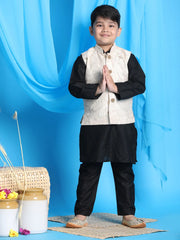 Boys' Gold And Black Jacket, Kurta and Pyjama Set