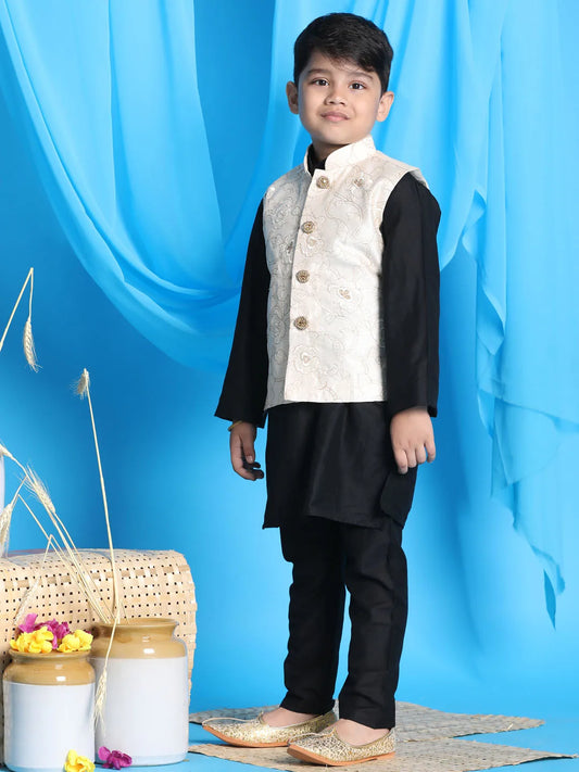 Boys' Gold And Black Jacket, Kurta and Pyjama Set