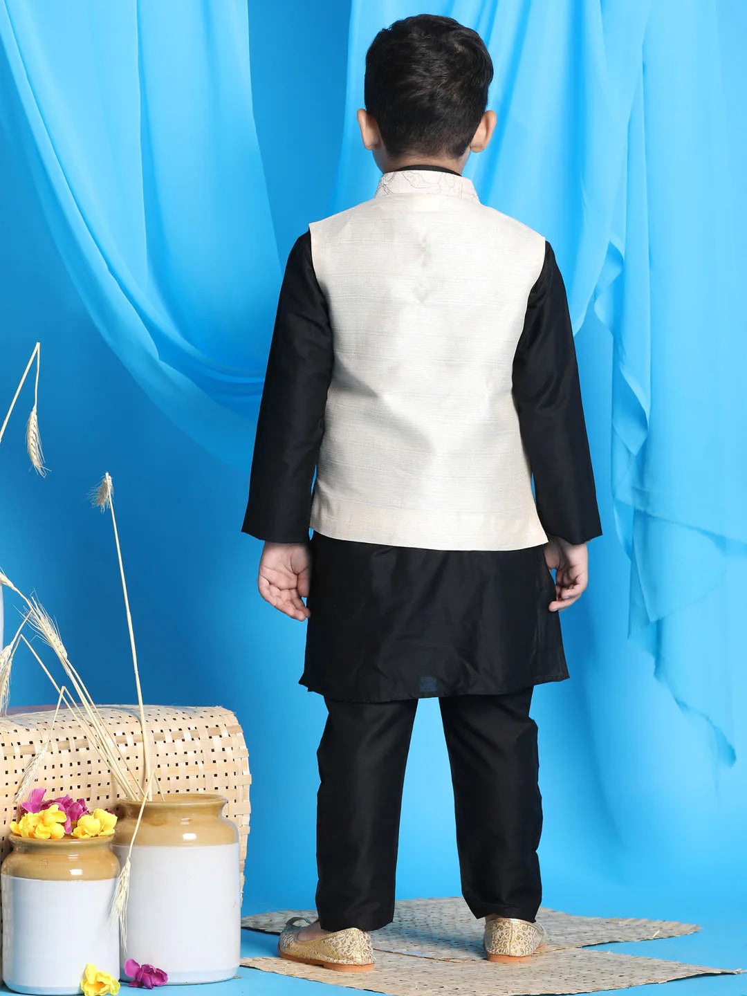 Boys' Gold And Black Jacket, Kurta and Pyjama Set