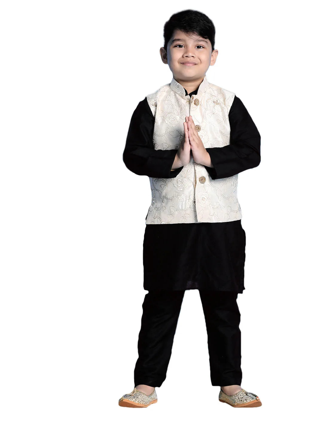 Boys' Gold And Black Jacket, Kurta and Pyjama Set