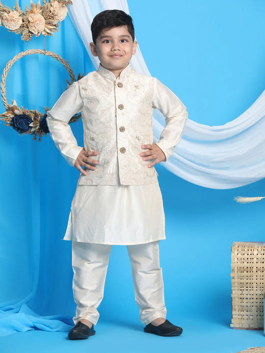 Boys' Gold And Cream Jacket, Kurta and Pyjama Set