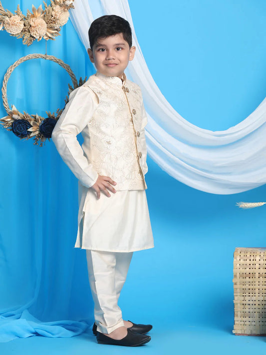 Boys' Gold And Cream Jacket, Kurta and Pyjama Set