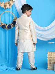 Boys' Gold And Cream Jacket, Kurta and Pyjama Set