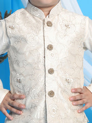 Boys' Gold And Cream Jacket, Kurta and Pyjama Set