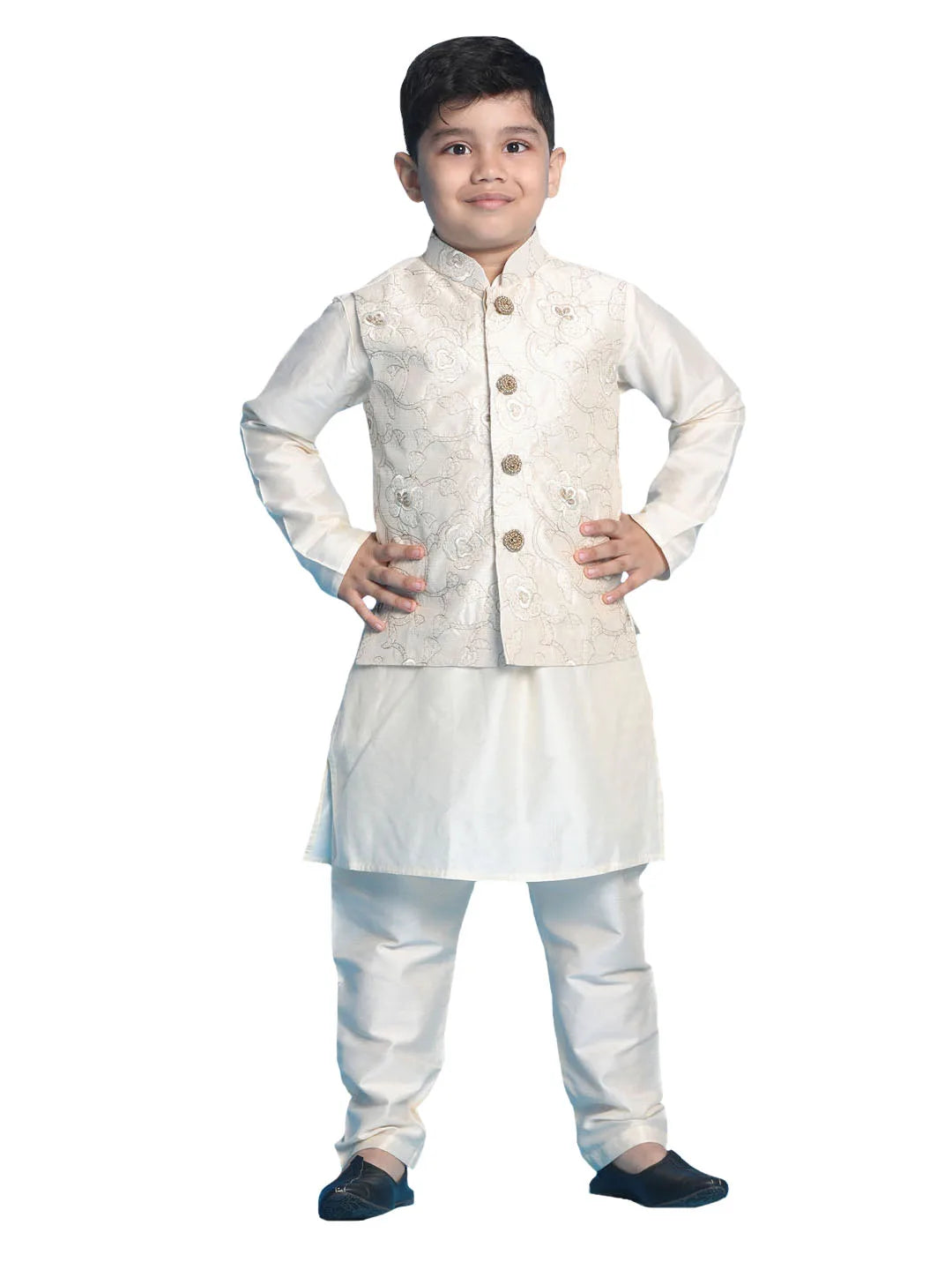 Boys' Gold And Cream Jacket, Kurta and Pyjama Set