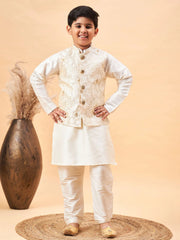 Boys' Beige And Cream Jacket, Kurta and Pyjama Set