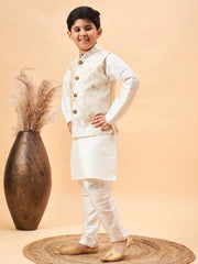 Boys' Beige And Cream Jacket, Kurta and Pyjama Set