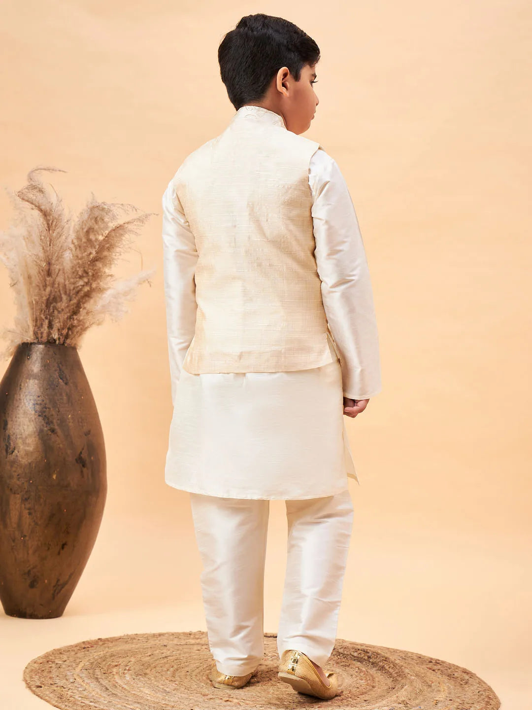 Boys' Beige And Cream Jacket, Kurta and Pyjama Set