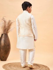 Boys' Beige And Cream Jacket, Kurta and Pyjama Set