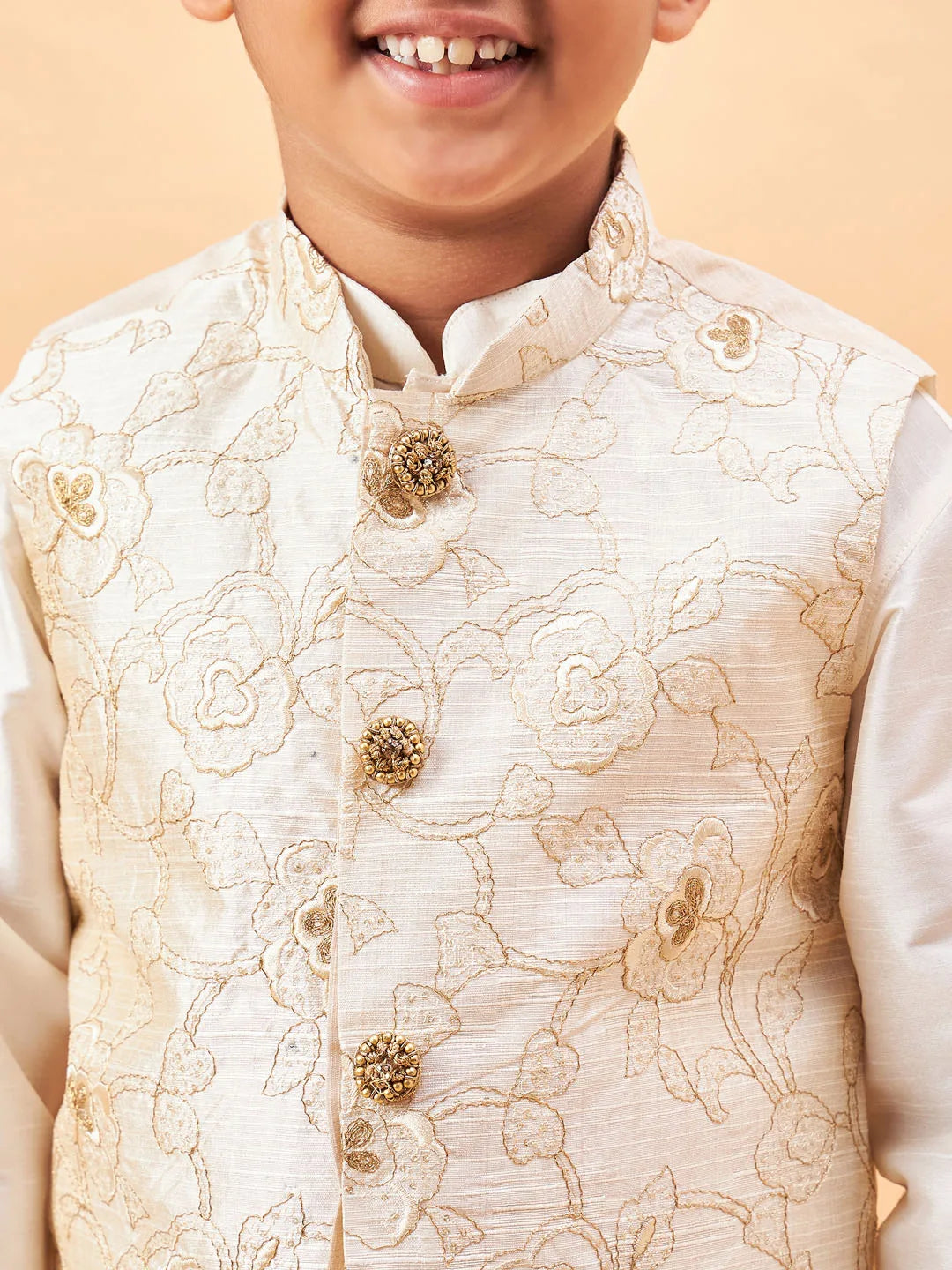 Boys' Beige And Cream Jacket, Kurta and Pyjama Set