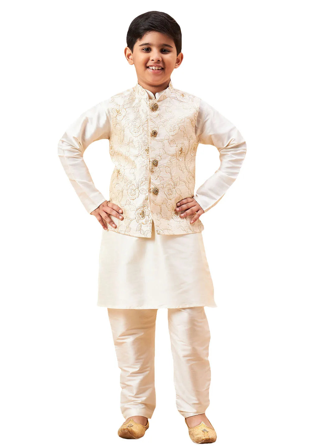 Boys' Beige And Cream Jacket, Kurta and Pyjama Set