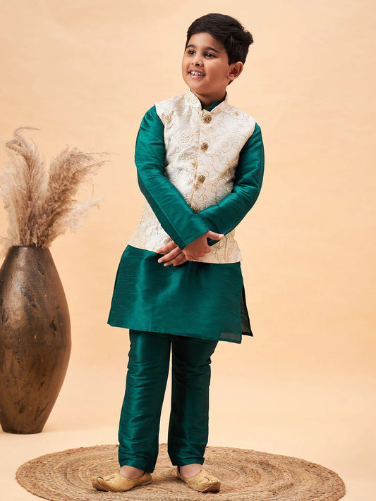 Boys' Beige And Green Jacket, Kurta and Pyjama Set