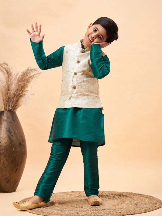 Boys' Beige And Green Jacket, Kurta and Pyjama Set