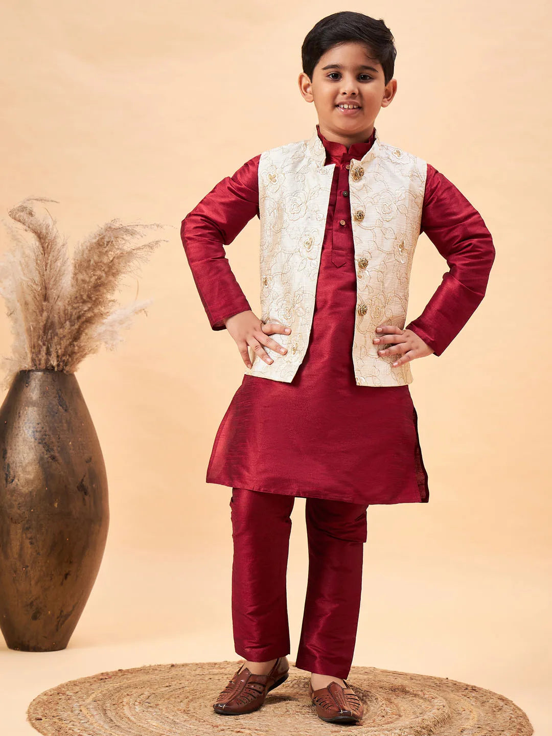 Boys' Beige And Maroon Jacket, Kurta and Pyjama Set