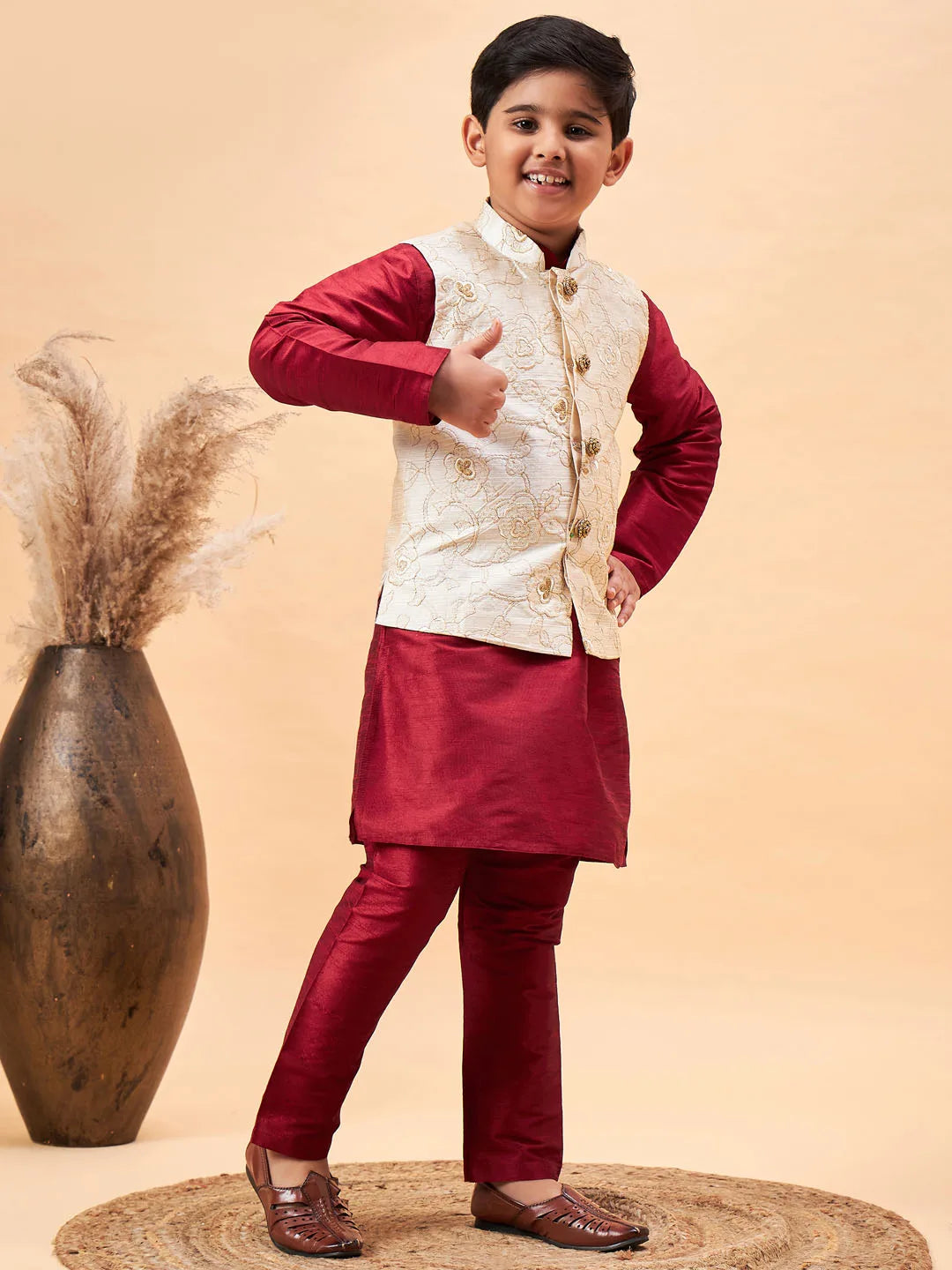 Boys' Beige And Maroon Jacket, Kurta and Pyjama Set