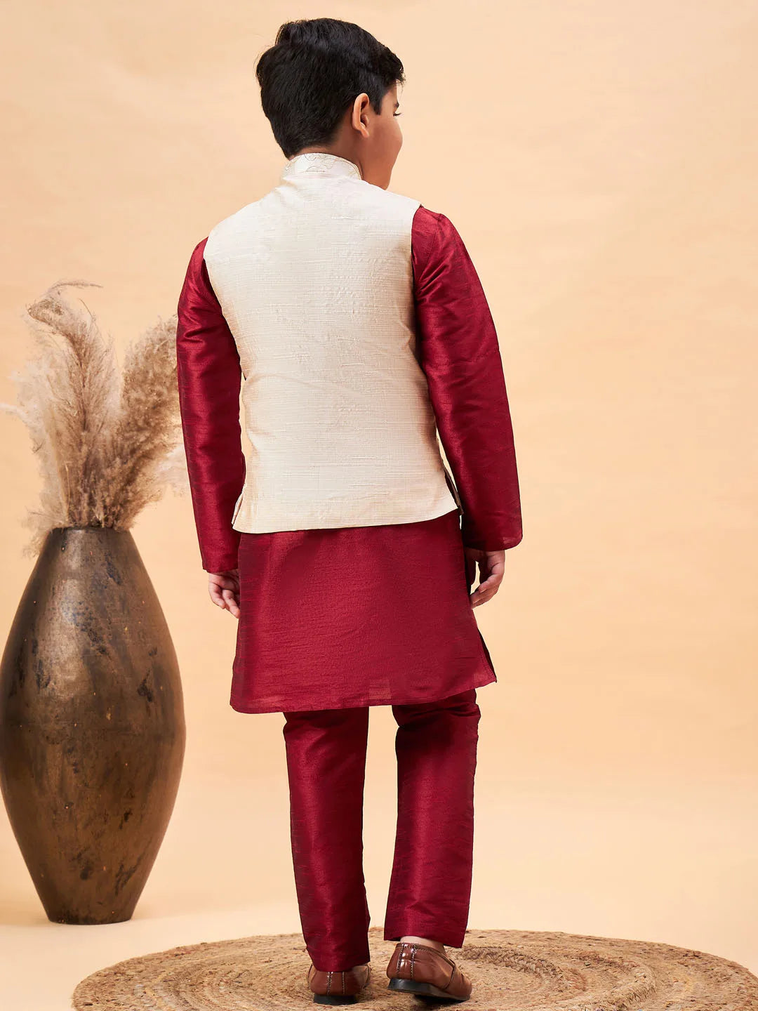 Boys' Beige And Maroon Jacket, Kurta and Pyjama Set