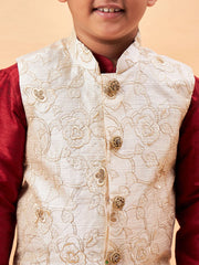 Boys' Beige And Maroon Jacket, Kurta and Pyjama Set