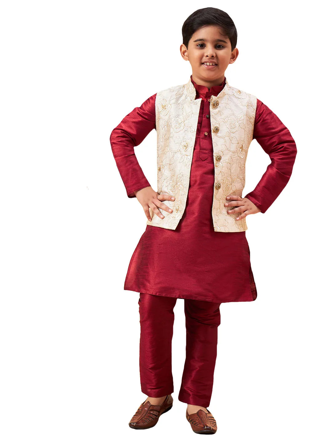 Boys' Beige And Maroon Jacket, Kurta and Pyjama Set