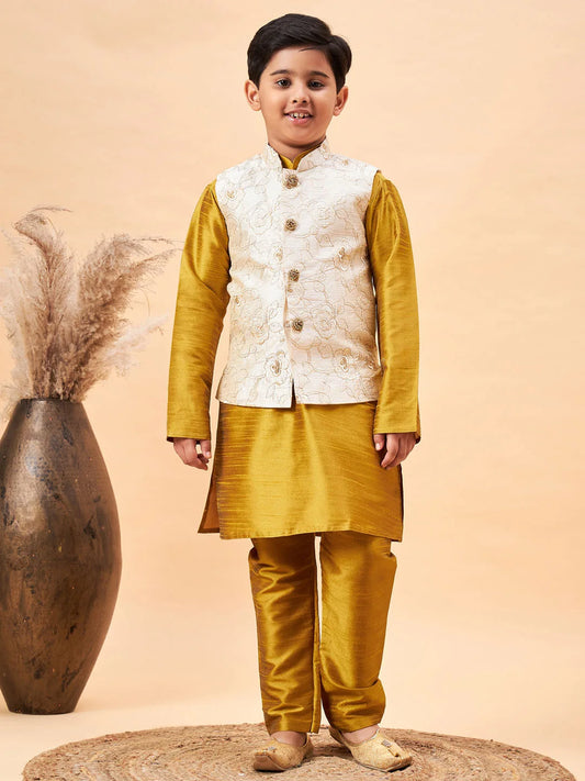 Boys' Beige And Mustard Jacket, Kurta and Pyjama Set