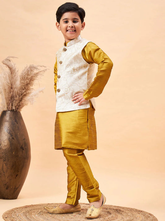 Boys' Beige And Mustard Jacket, Kurta and Pyjama Set