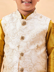 Boys' Beige And Mustard Jacket, Kurta and Pyjama Set