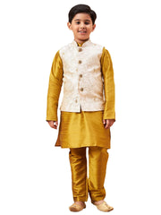 Boys' Beige And Mustard Jacket, Kurta and Pyjama Set