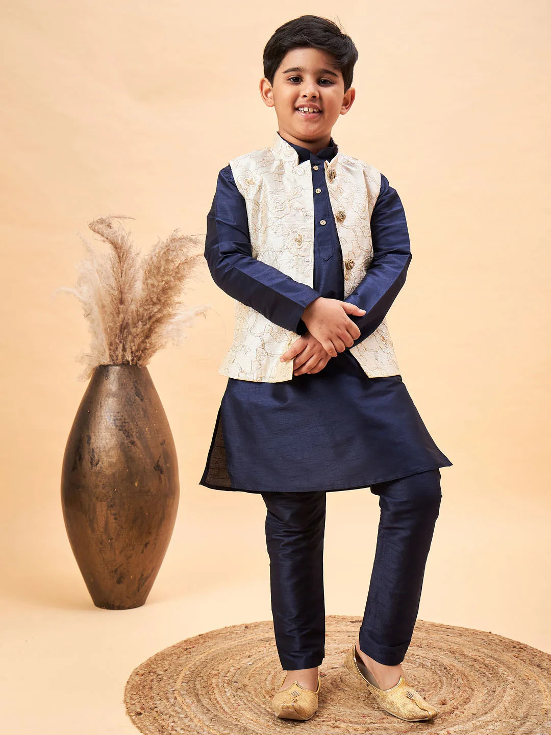 Boys' Beige And Navy Blue Jacket, Kurta and Pyjama Set