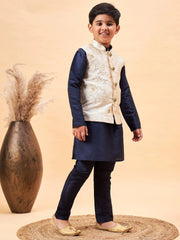 Boys' Beige And Navy Blue Jacket, Kurta and Pyjama Set