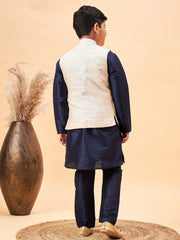 Boys' Beige And Navy Blue Jacket, Kurta and Pyjama Set