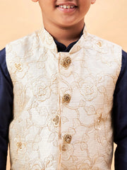 Boys' Beige And Navy Blue Jacket, Kurta and Pyjama Set