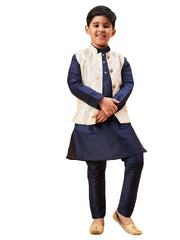 Boys' Beige And Navy Blue Jacket, Kurta and Pyjama Set