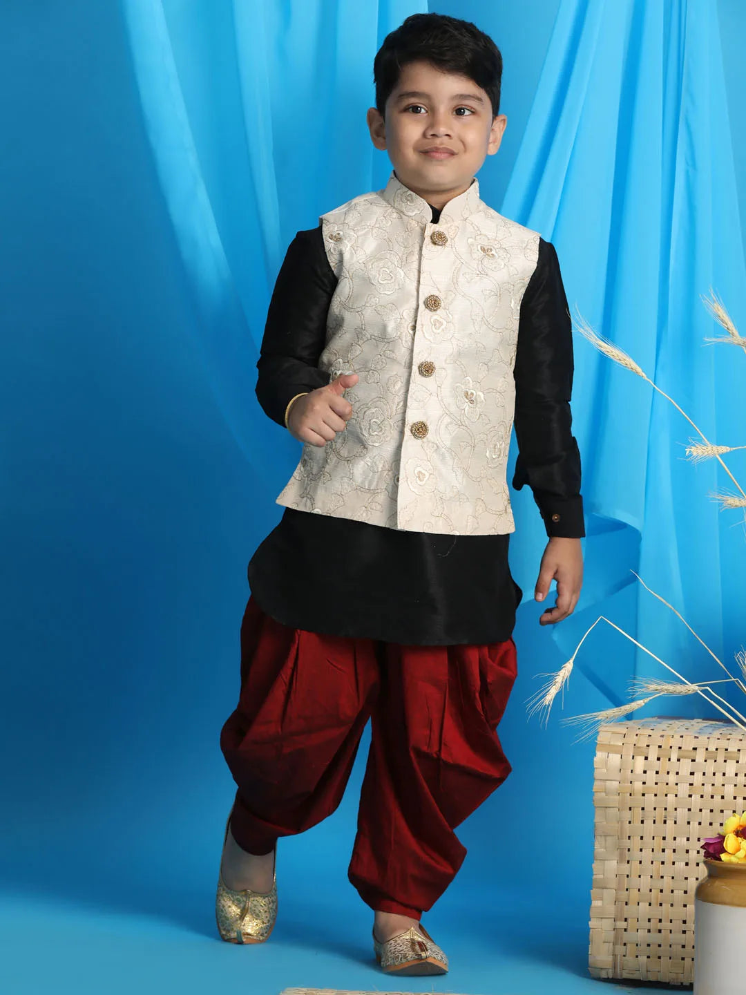 Boys' Black, Beige And Maroon Jacket, Kurta and Dhoti Set