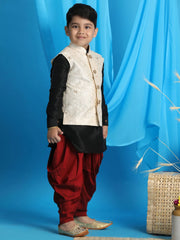 Boys' Black, Beige And Maroon Jacket, Kurta and Dhoti Set