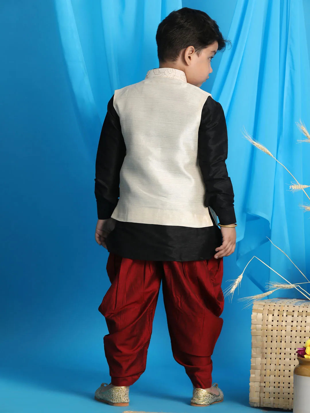 Boys' Black, Beige And Maroon Jacket, Kurta and Dhoti Set