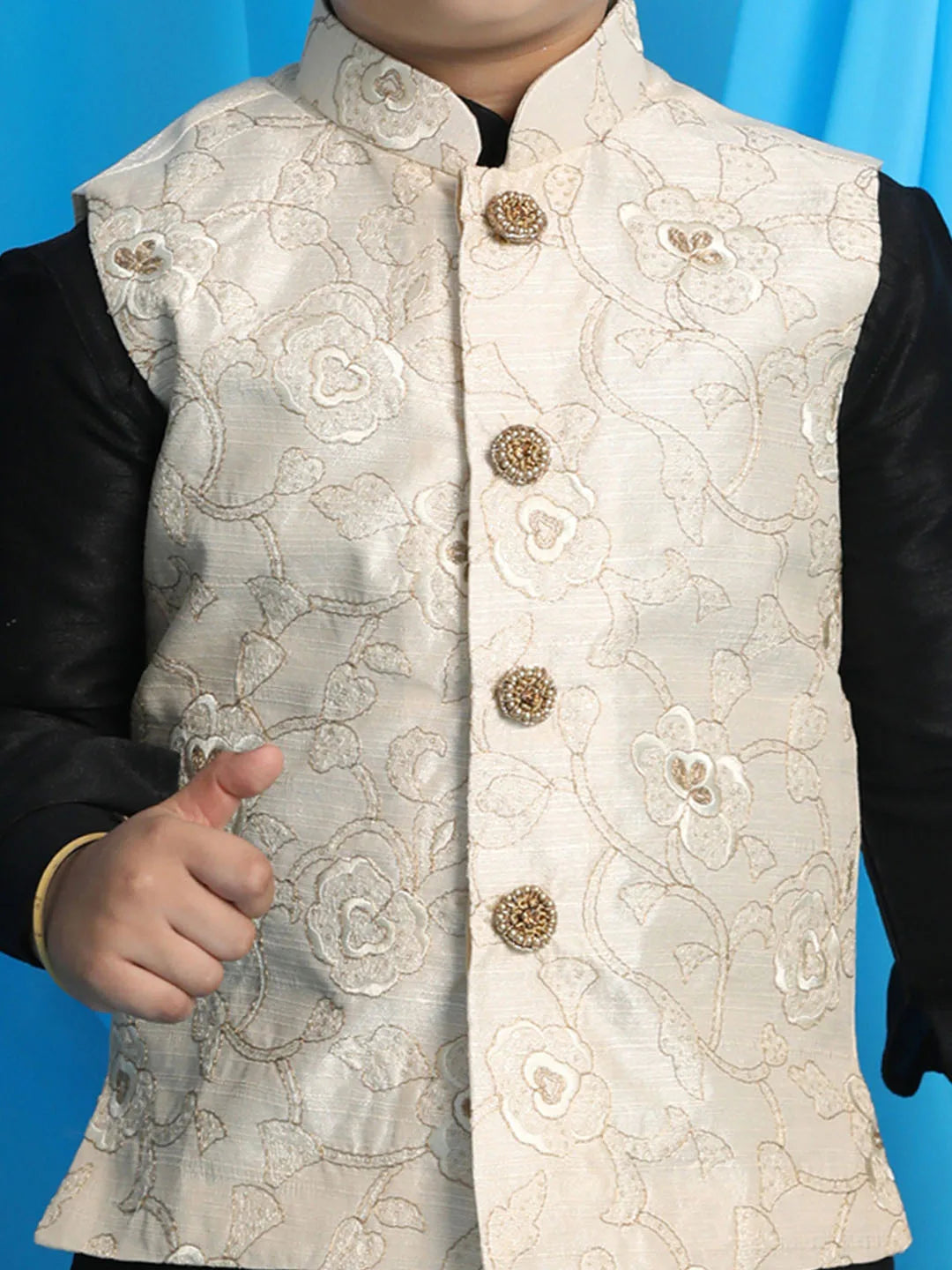 Boys' Black, Beige And Maroon Jacket, Kurta and Dhoti Set