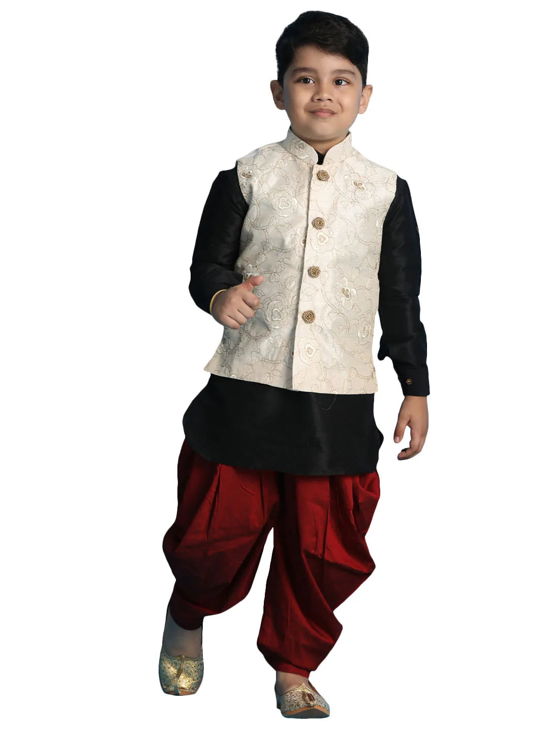 Boys' Black, Beige And Maroon Jacket, Kurta and Dhoti Set