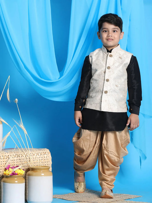 Boys' Black, Beige And Rose Gold Jacket, Kurta and Dhoti Set