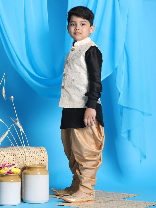 Boys' Black, Beige And Rose Gold Jacket, Kurta and Dhoti Set