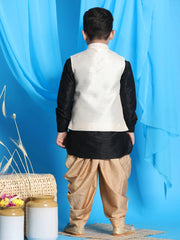 Boys' Black, Beige And Rose Gold Jacket, Kurta and Dhoti Set